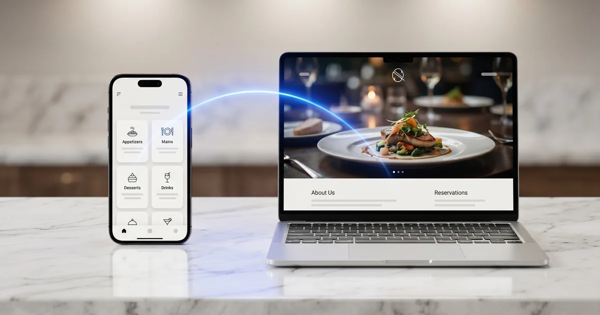 Um smartphone a mostrar uma aplicação de menu de restaurante e um portátil com o site do restaurante, sobre uma bancada de mármore branco unidos por um arco de luz azul