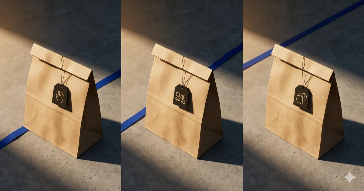 Tríptico de três sacos de papel kraft sobre cimento cinzento, cada um com uma etiqueta preta a representar um modo de levantamento: mão, scooter, saco com relógio, atravessado por uma fita azul diagonal
