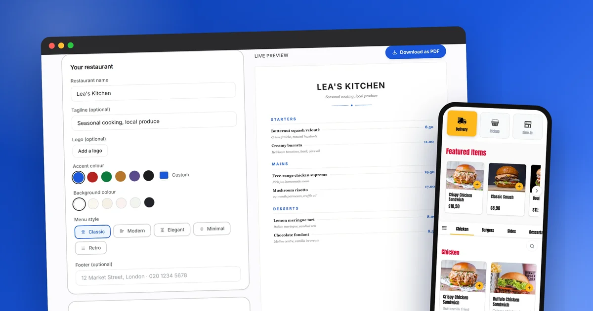 The free XPRIO menu maker: editing form and live A4 preview, with the customer mobile app
