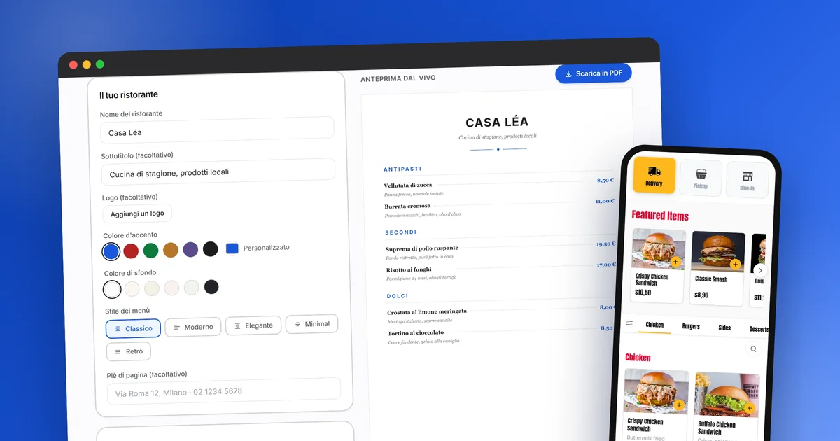 Il generatore di menù gratuito XPRIO: modulo di modifica e anteprima A4 dal vivo, con l'app mobile del cliente