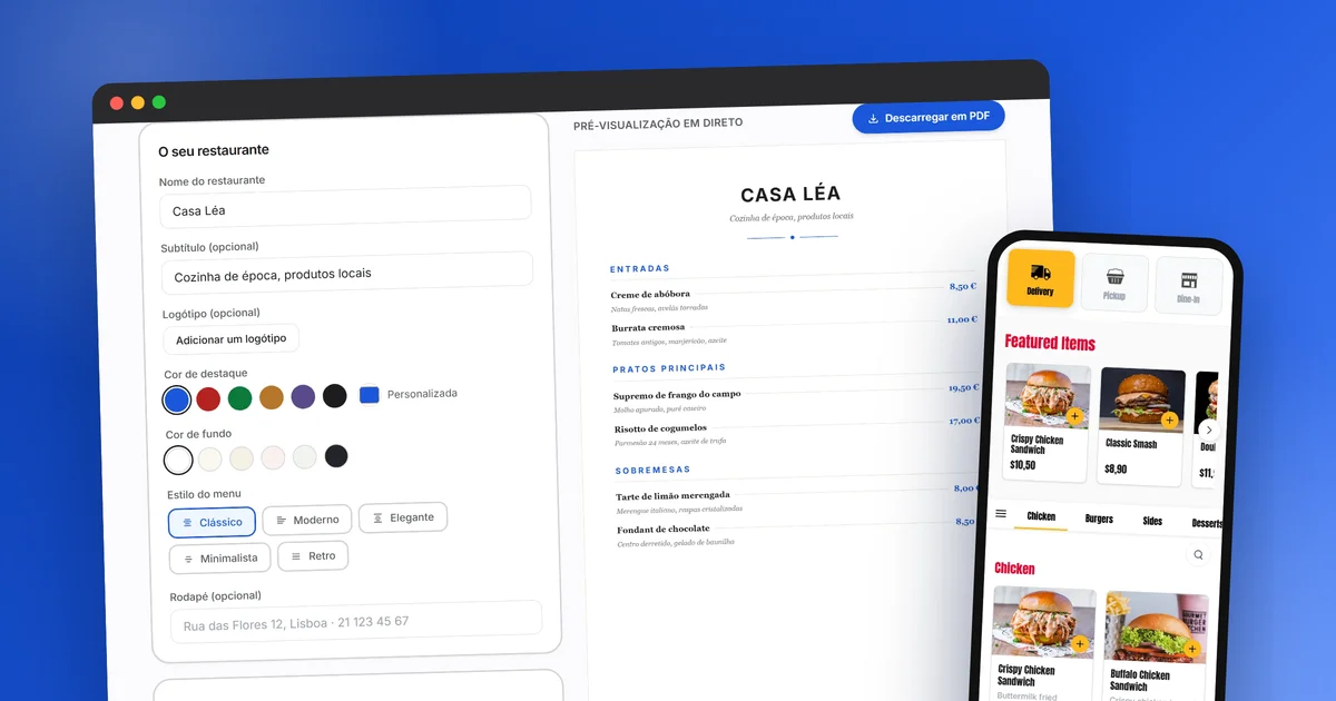 O criador de menus gratuito XPRIO: formulário de edição e pré-visualização A4 em direto, com a app móvel do cliente