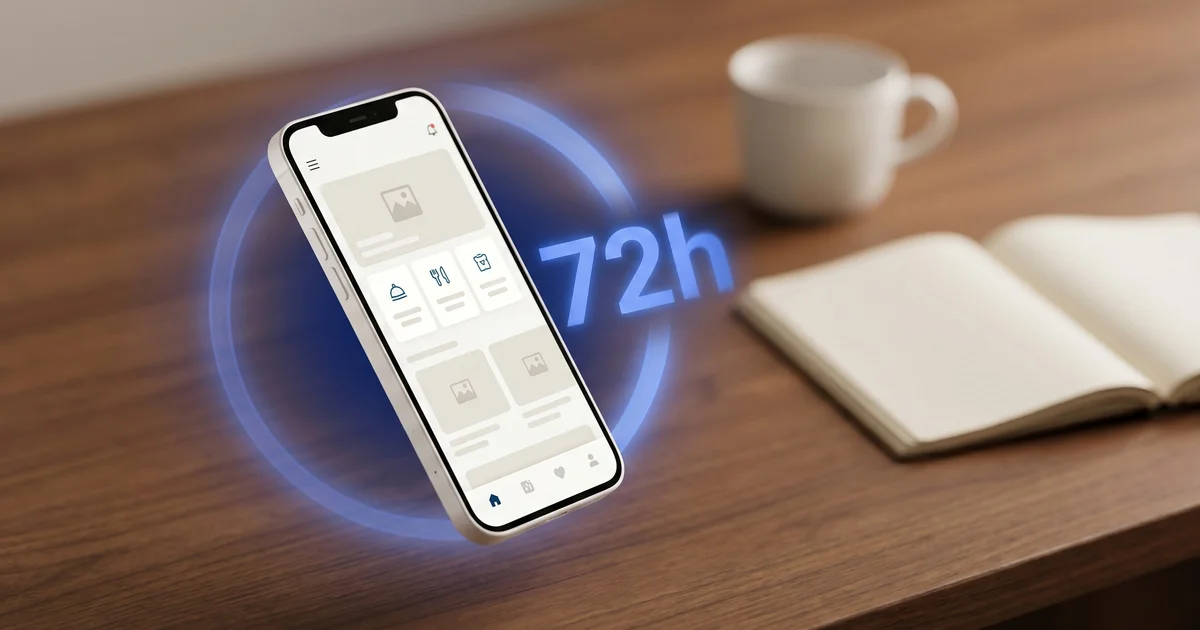 Um smartphone flutuante a mostrar uma aplicação de restaurante, rodeado por um anel luminoso azul com a inscrição 72h, sobre uma secretária de madeira com uma chávena de café e um caderno aberto