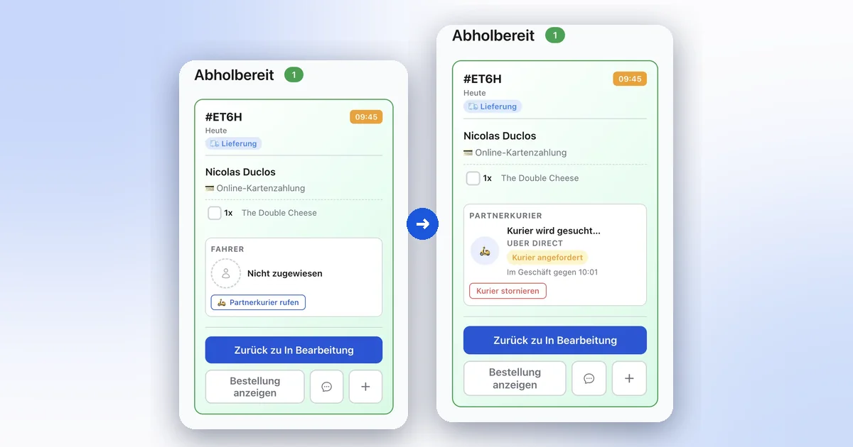 XPRIO-Bestellbildschirm: links eine Bestellung ohne Fahrer mit der Schaltfläche Partnerkurier rufen, rechts dieselbe Bestellung mit angefordertem Uber-Direct-Kurier und Ankunftszeit