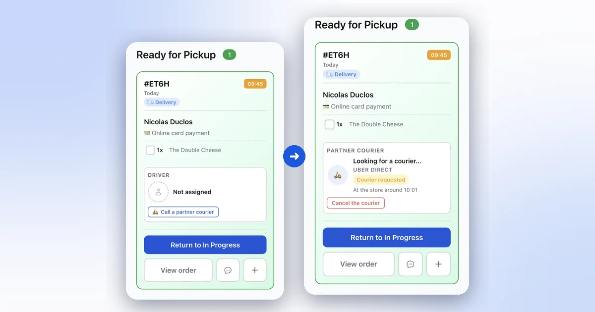 XPRIO order screen: on the left an order with no driver and the Call a partner courier button, on the right the same order with an Uber Direct courier requested and its arrival time