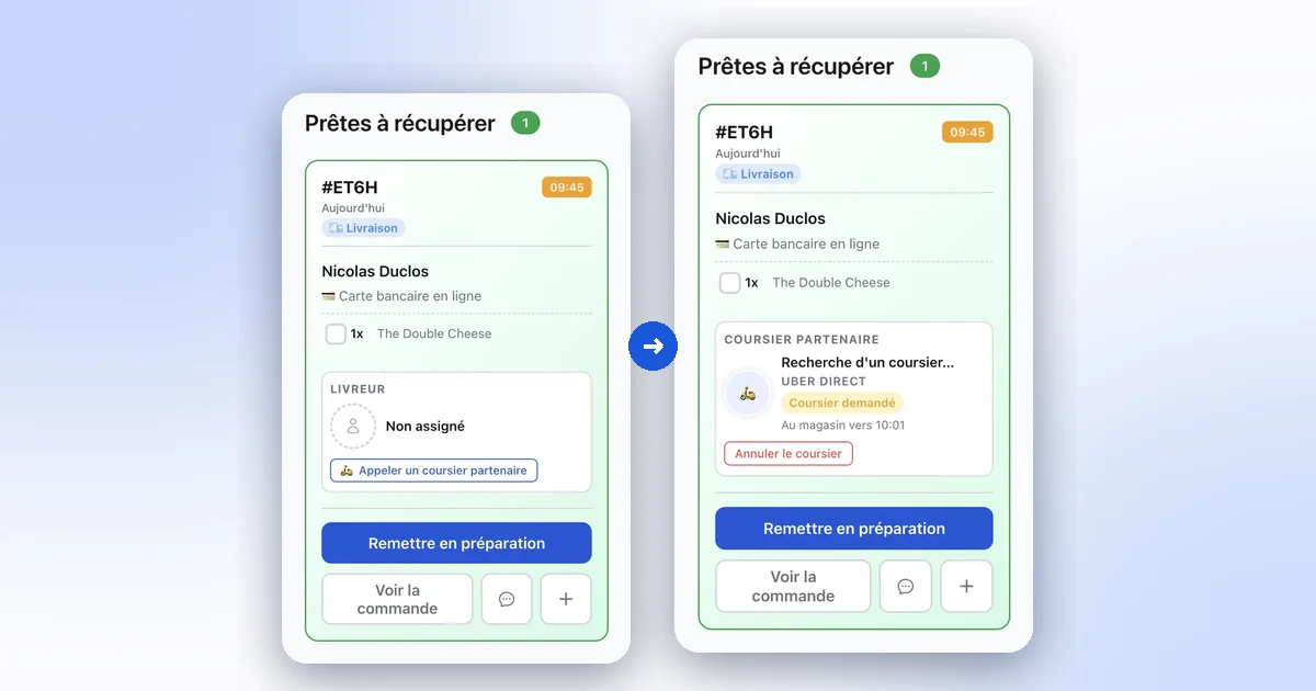 Écran des commandes XPRIO : à gauche une commande sans livreur avec le bouton Appeler un coursier partenaire, à droite la même commande avec un coursier Uber Direct demandé et son heure d'arrivée