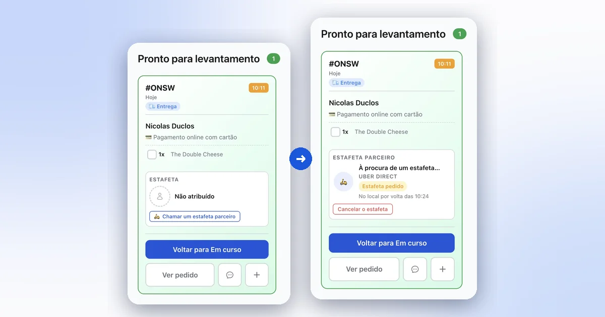 Ecrã de pedidos XPRIO: à esquerda um pedido sem estafeta com o botão Chamar um estafeta parceiro, à direita o mesmo pedido com um estafeta Uber Direct pedido e a hora de chegada