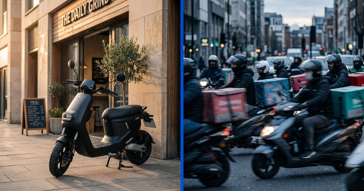 Imagem dividida: à esquerda uma scooter de entrega estacionada em frente a um restaurante, à direita um enxame desfocado de scooters de entrega a circular pela cidade