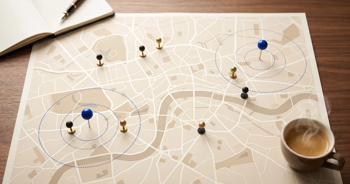 Um mapa em papel bege estilizado de uma cidade sobre uma secretária de madeira, salpicado de pequenos pioneses pretos e três pioneses azuis rodeados por círculos concêntricos tracejados que marcam zonas de entrega, com um caderno aberto e uma chávena de café