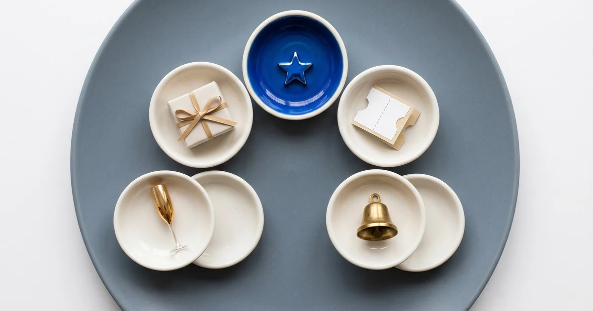 Cinco pequenas tigelas de cerâmica dispostas em arco sobre um prato cinzento, contendo respetivamente uma estrela azul, um presente embrulhado, um cupão, uma flute de champanhe e uma campainha