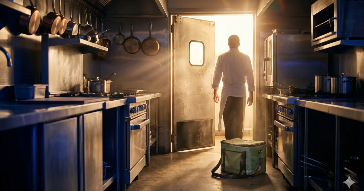 Uma cozinha profissional em aço inoxidável com uma porta aberta por onde entra luz dourada, um chef de costas sai deixando uma bolsa isotérmica de entrega abandonada no chão