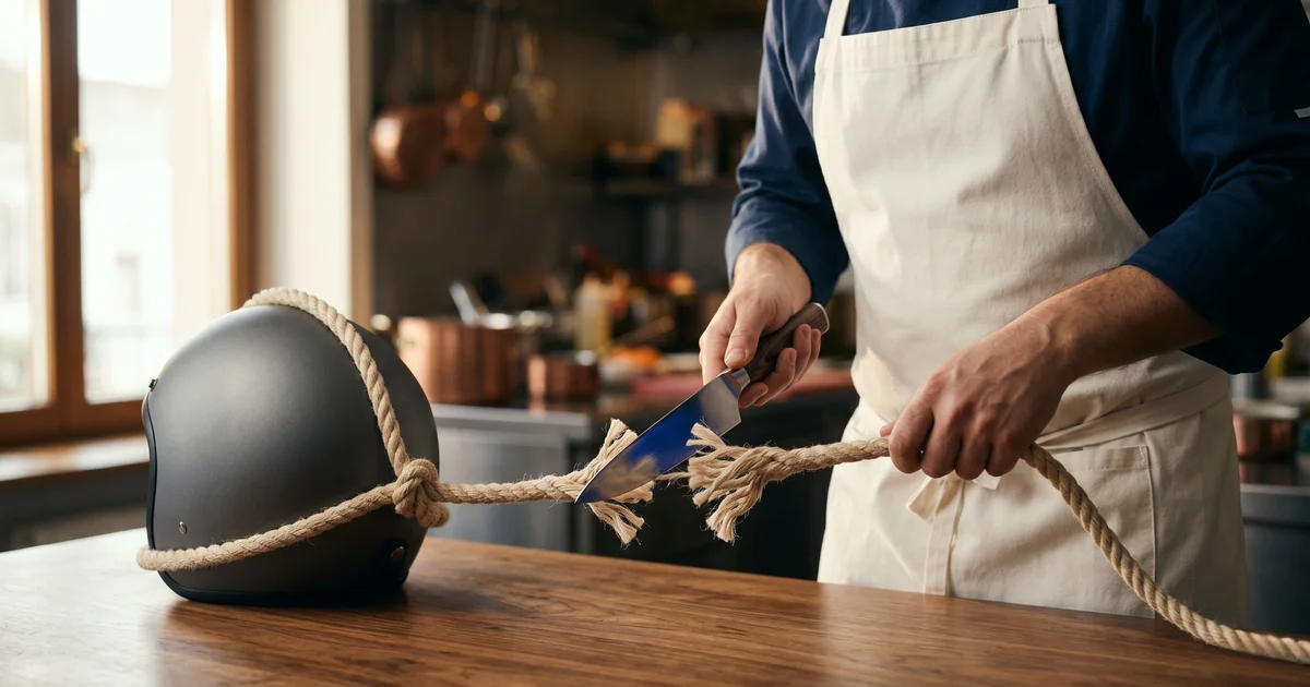 Um chef de avental branco corta com uma faca uma corda grossa amarrada a um capacete de scooter de entrega pousado sobre uma mesa de cozinha de madeira