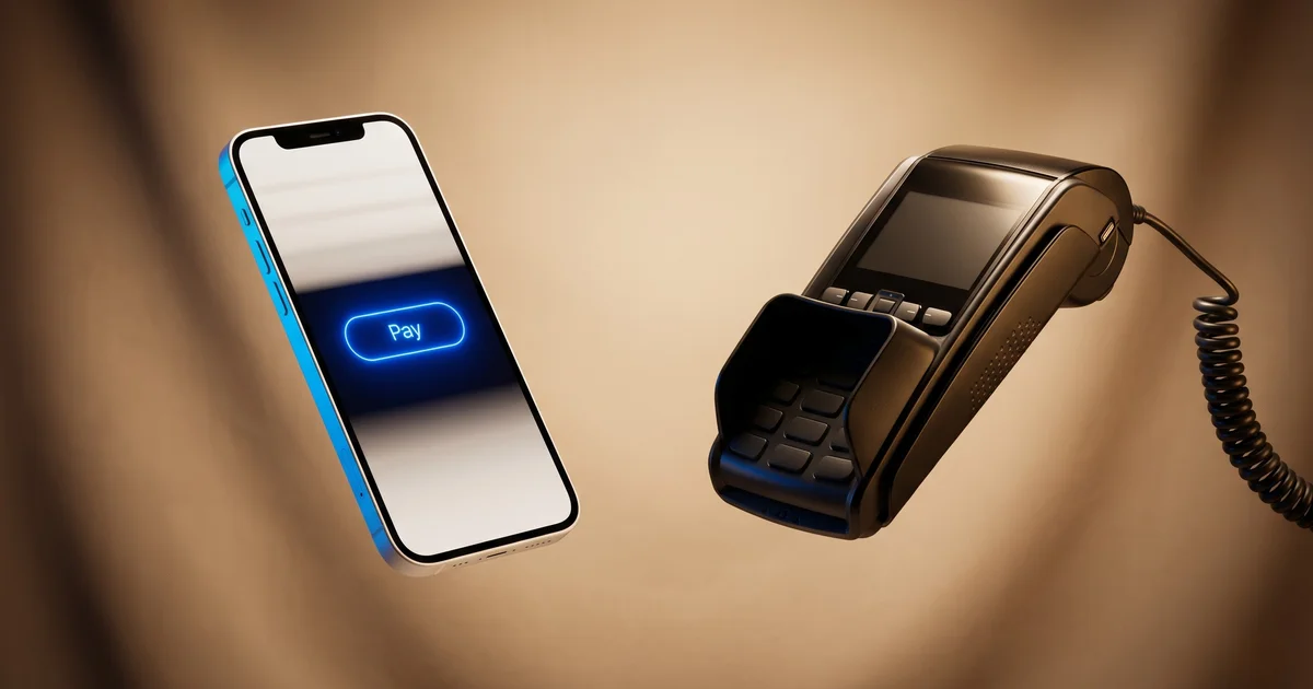 Um smartphone flutuante a mostrar um botão de pagamento azul luminoso em frente a um terminal de pagamento com fio, sobre fundo bege quente