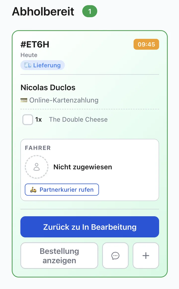 XPRIO-Bestellbildschirm: Schaltfläche „Partnerkurier rufen“ bei einer Bestellung ohne Fahrer