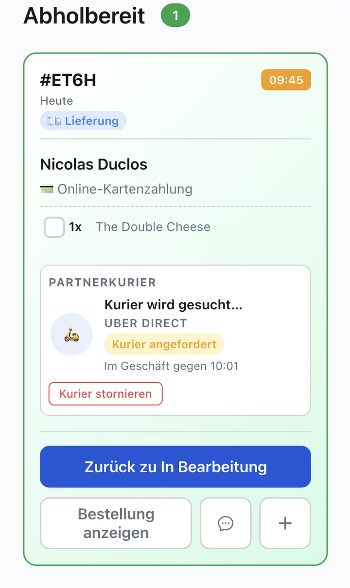 XPRIO-Bestellbildschirm: Uber-Direct-Kurier angefordert, Ankunftszeit angezeigt