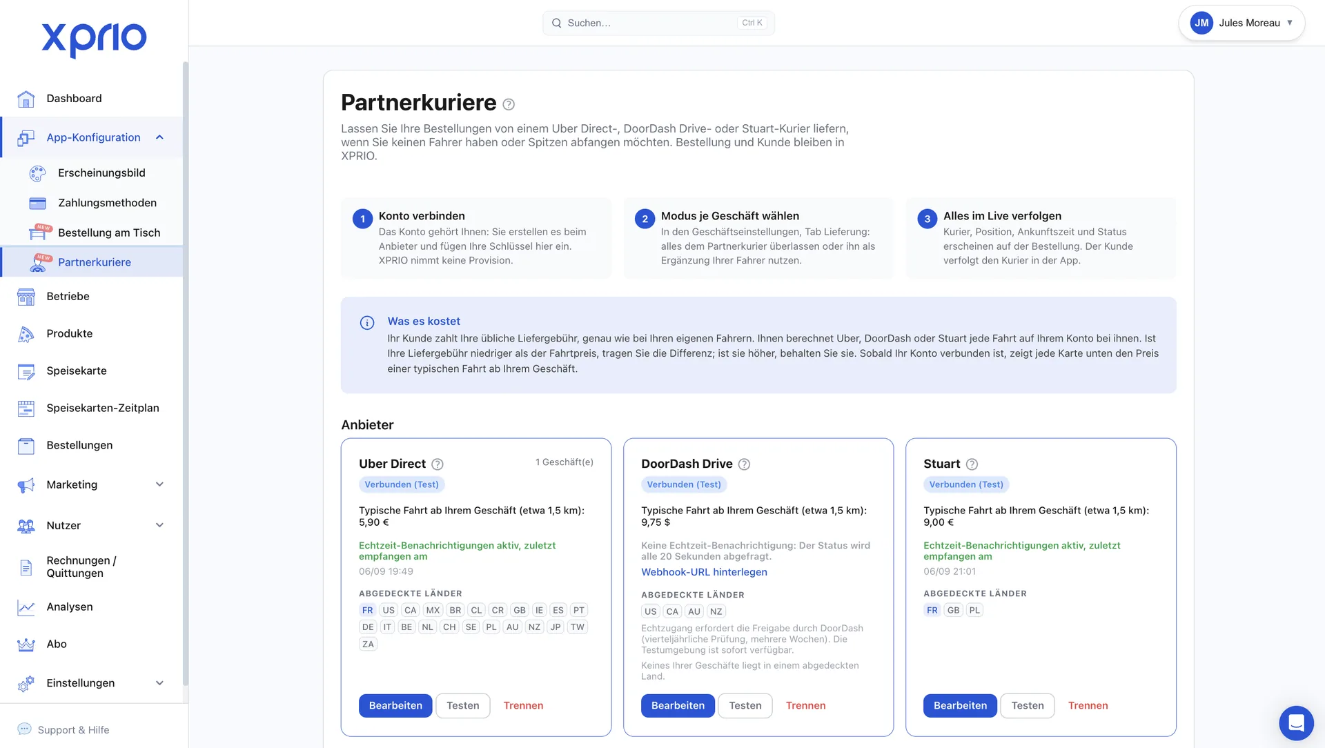 XPRIO-Einstellungen: Partnerkuriere Uber Direct, DoorDash Drive und Stuart verbunden