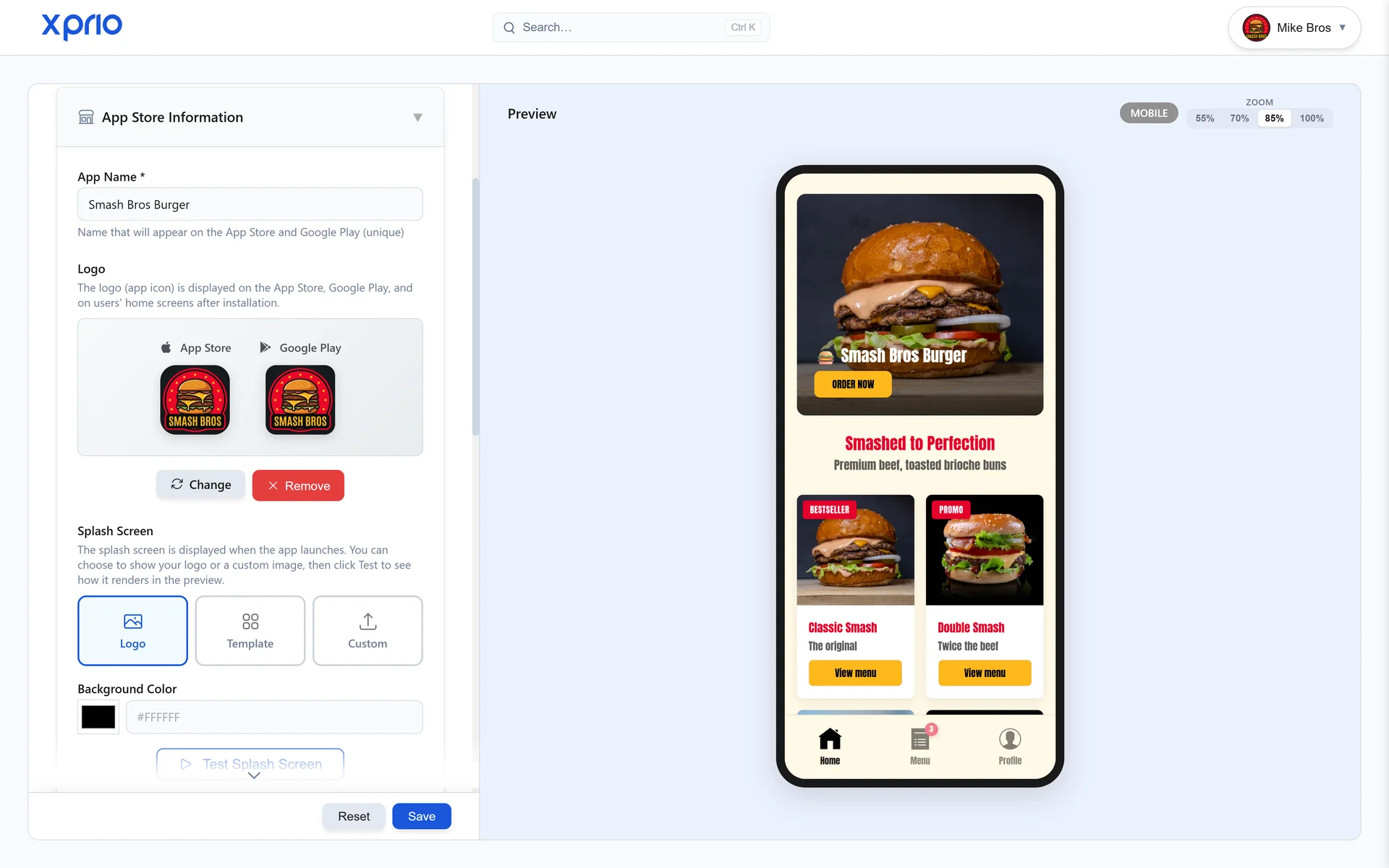 Restaurant mobile app customization: custom logo, colors and theme with XPRIO