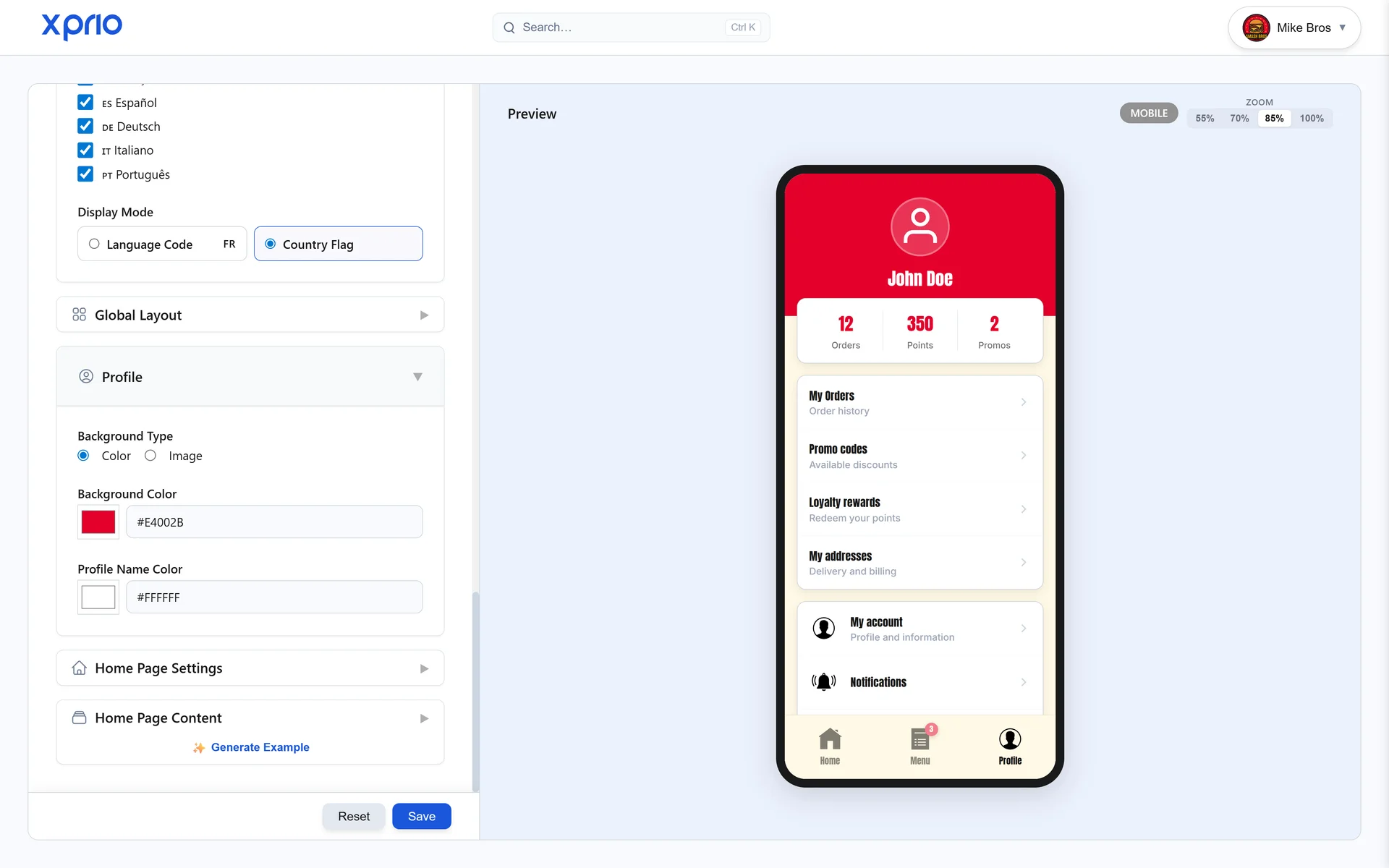 Restaurant mobile app live preview, real-time visual editor XPRIO