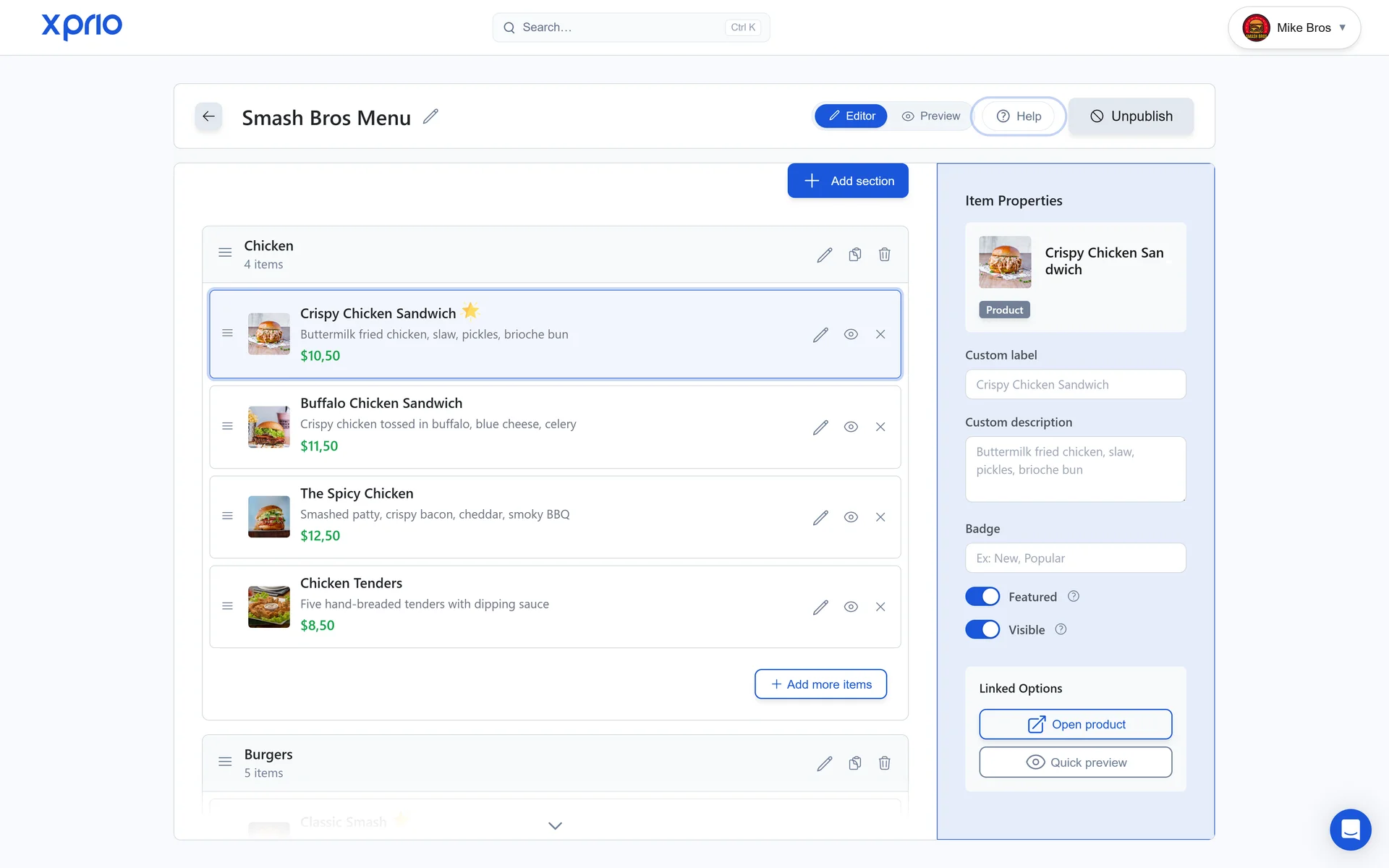 Digital restaurant menu editor: real-time section and product management with XPRIO