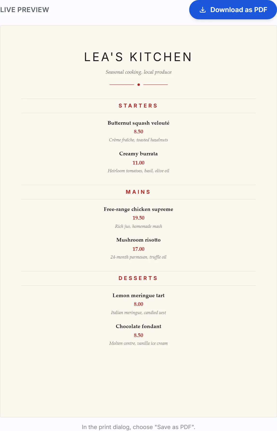 The XPRIO menu maker preview with the Elegant theme on a cream background