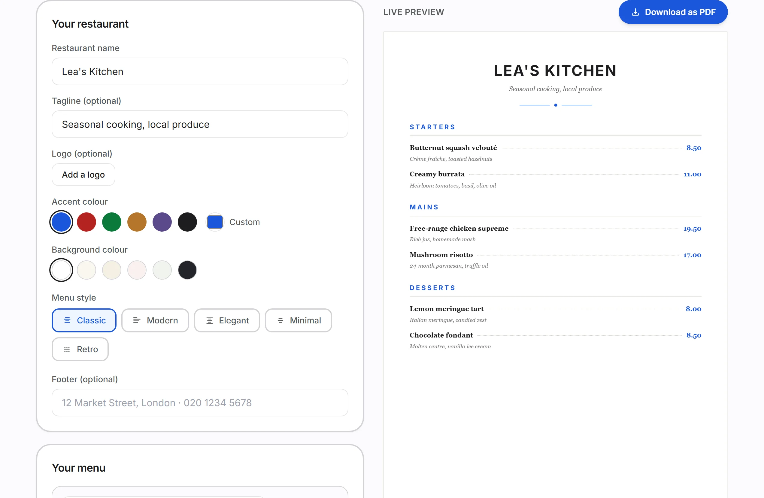 The free XPRIO menu maker: form and live A4 preview