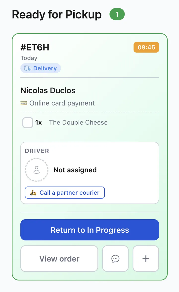 XPRIO order screen: "Call a partner courier" button on an order with no driver