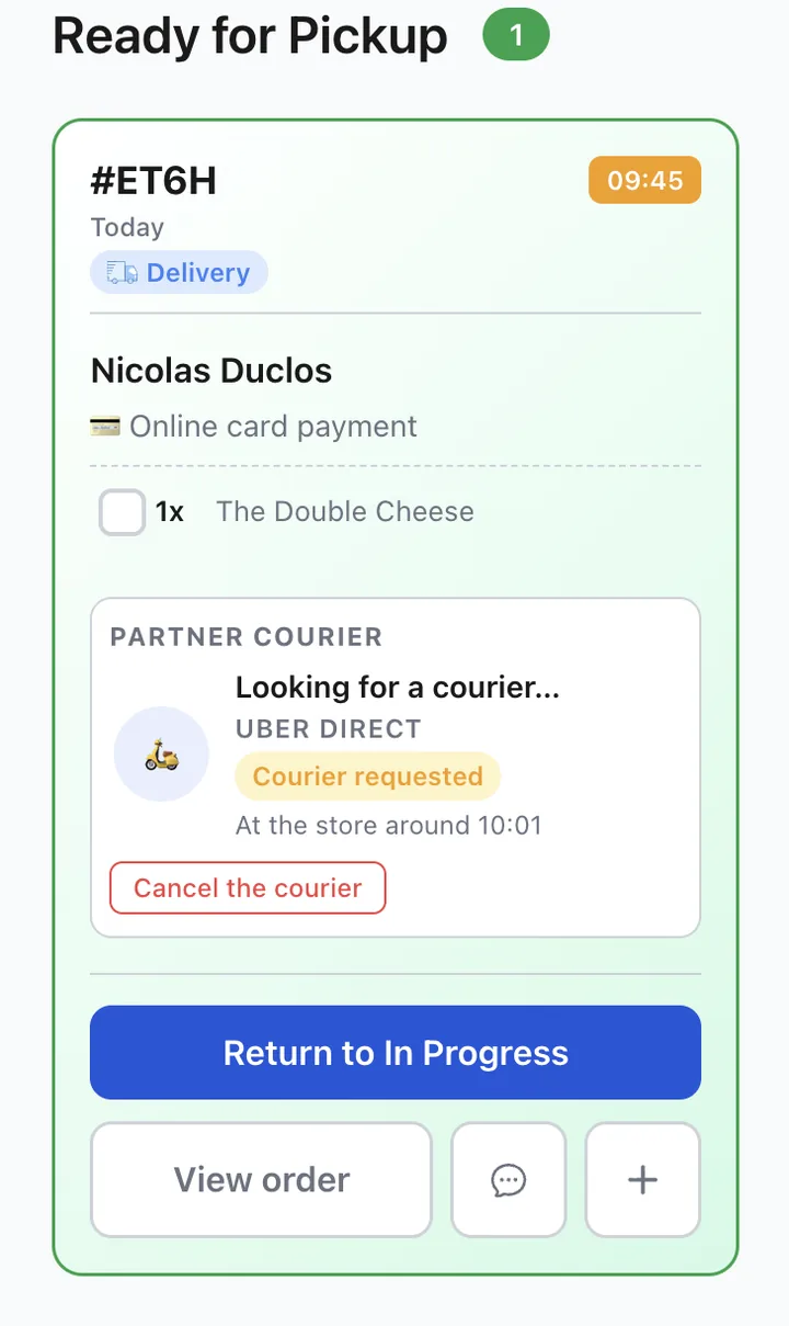 XPRIO order screen: Uber Direct courier requested, arrival time displayed