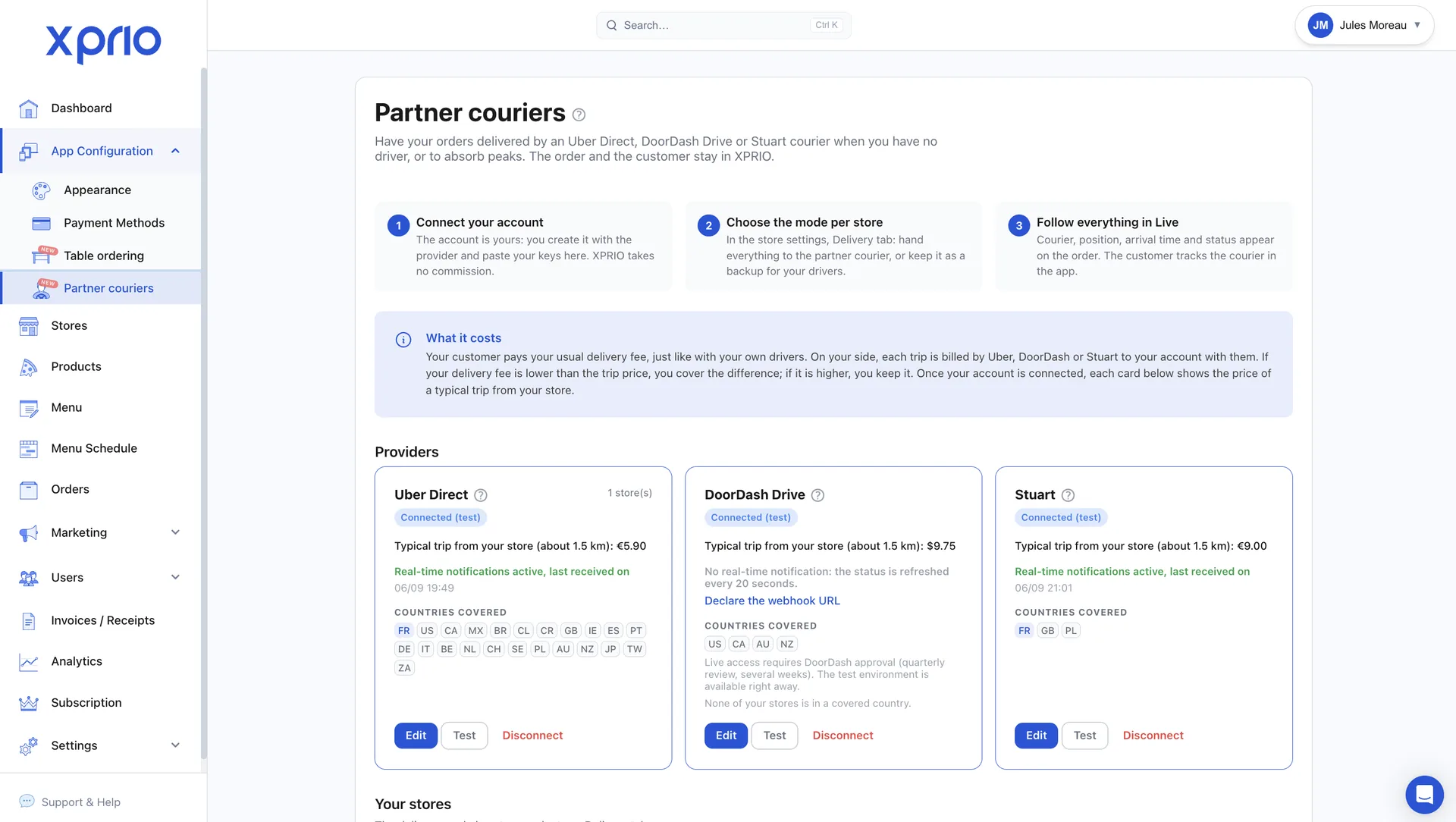 XPRIO settings: Uber Direct, DoorDash Drive and Stuart partner couriers connected