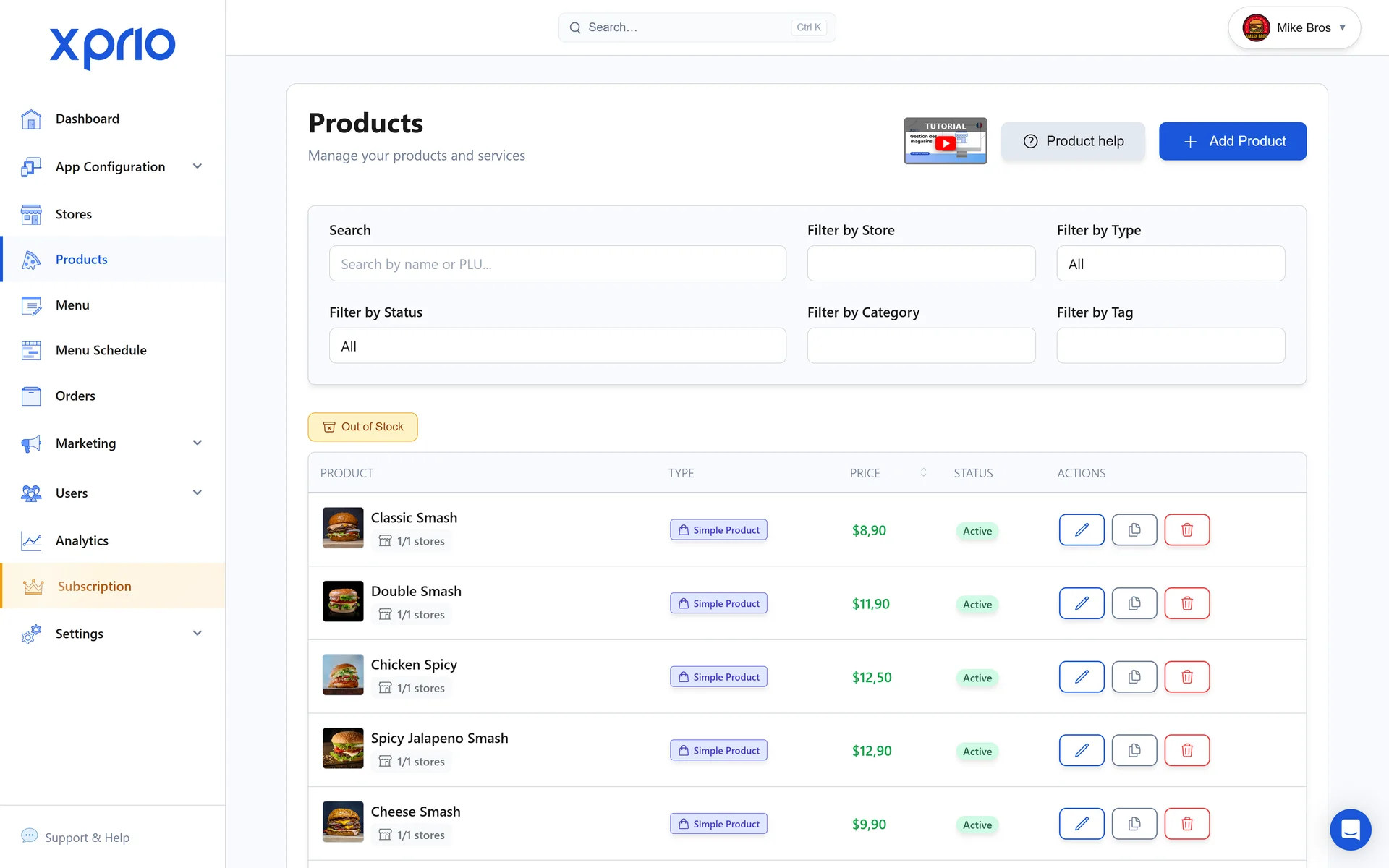 Restaurant product and stock management: XPRIO admin interface