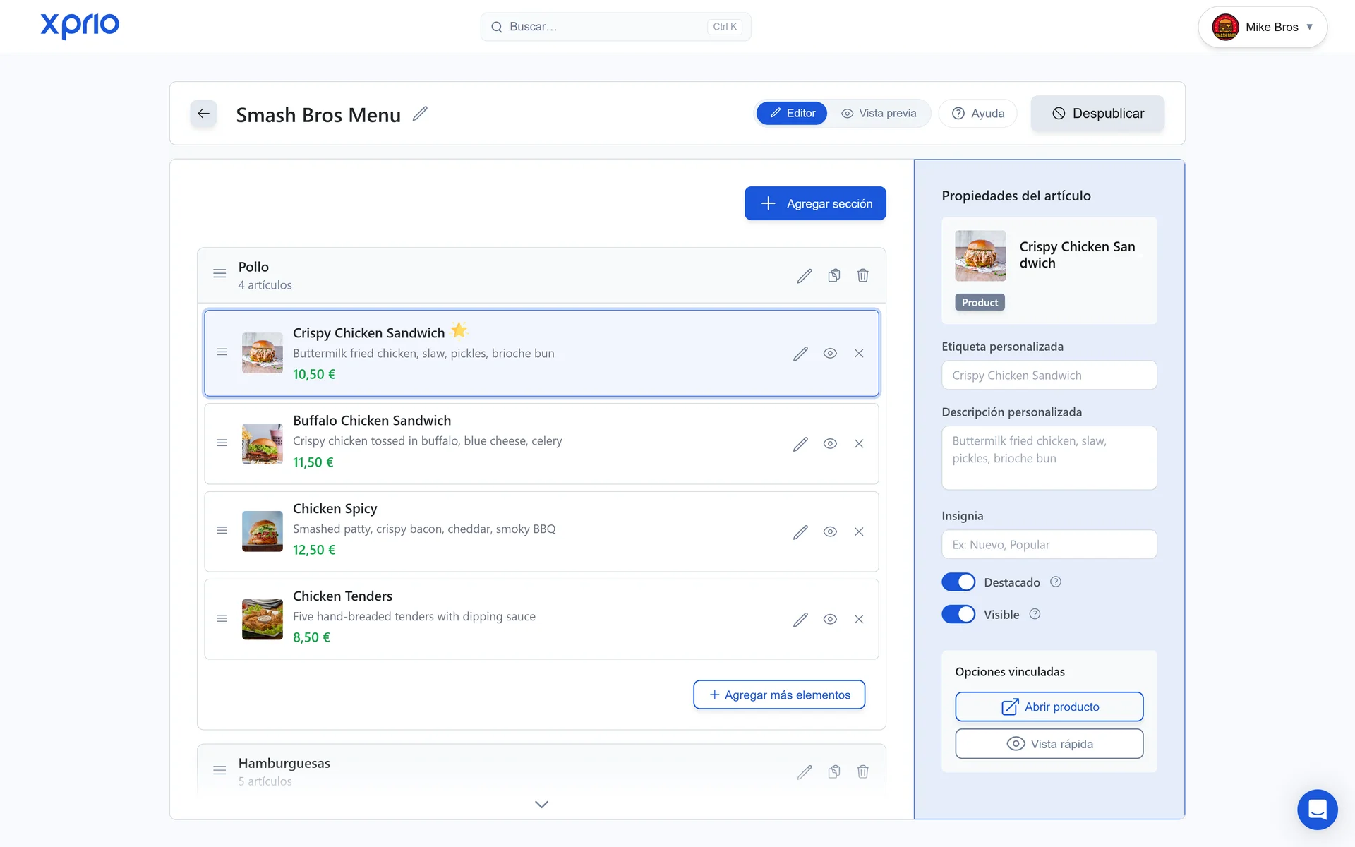 Editor de menú digital para restaurante: gestión de secciones y productos en tiempo real con XPRIO