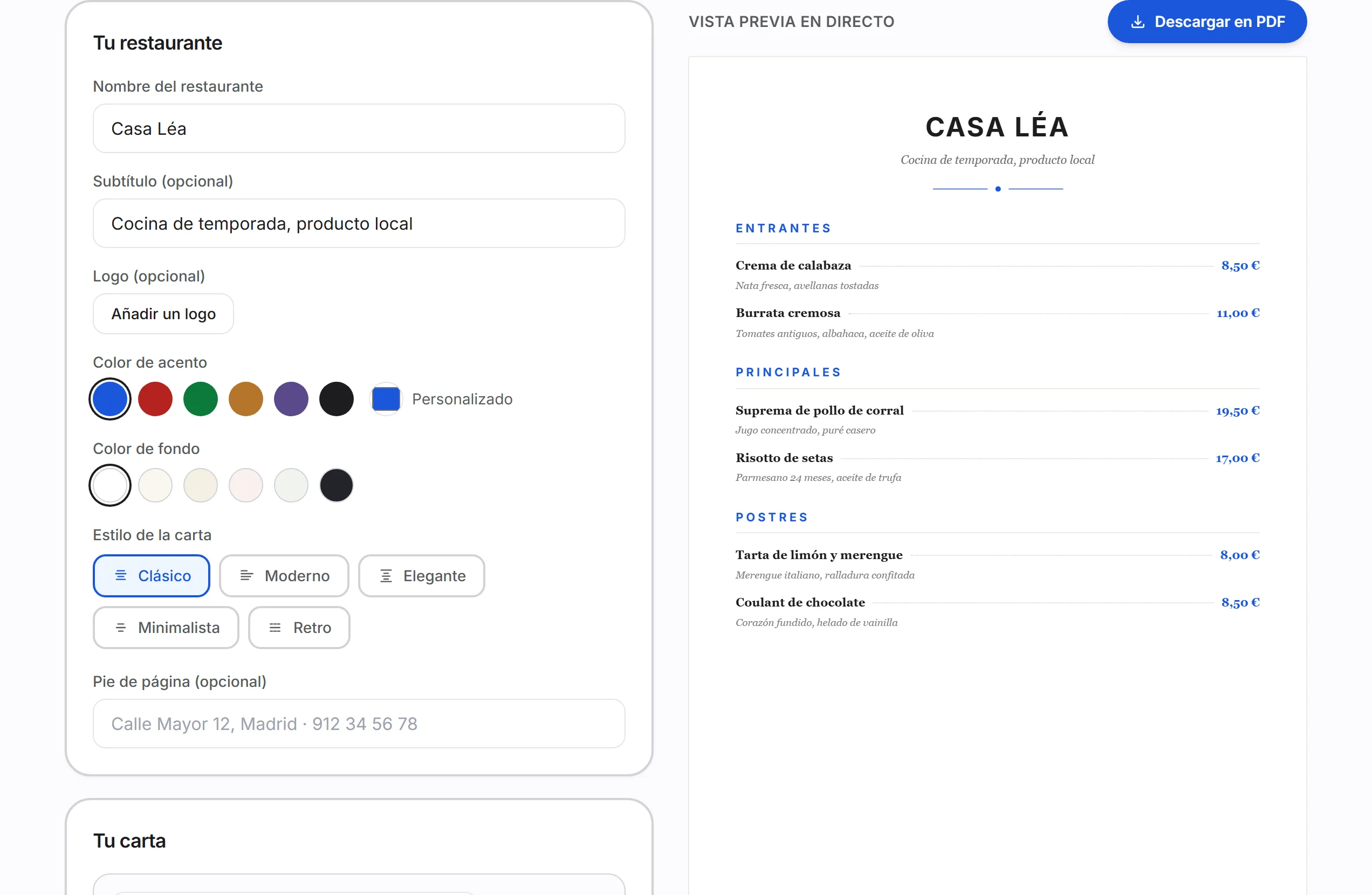 El creador de cartas gratuito de XPRIO: formulario y vista previa A4 en directo