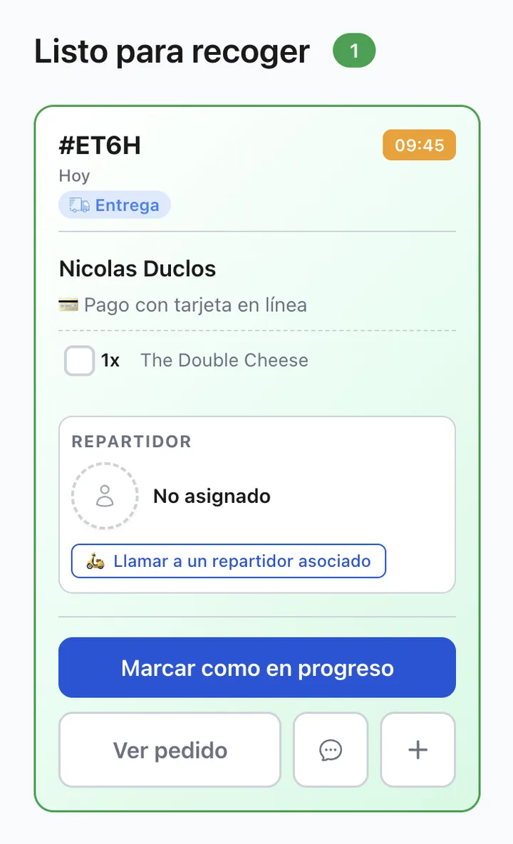 Pantalla de pedidos XPRIO: botón «Llamar a un repartidor asociado» en un pedido sin repartidor