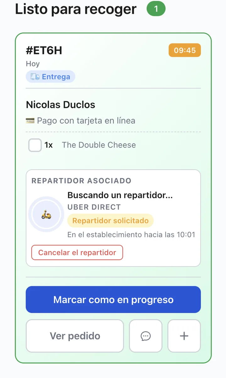 Pantalla de pedidos XPRIO: repartidor de Uber Direct solicitado, hora de llegada visible