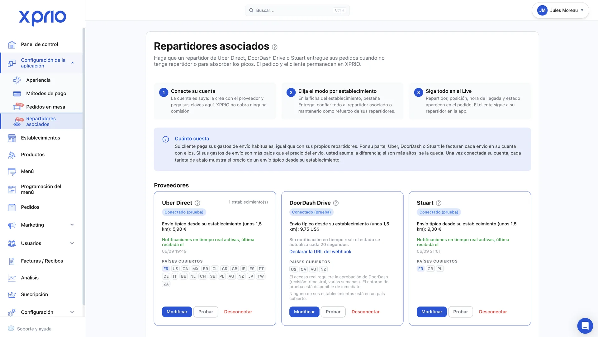 Ajustes de XPRIO: repartidores asociados Uber Direct, DoorDash Drive y Stuart conectados