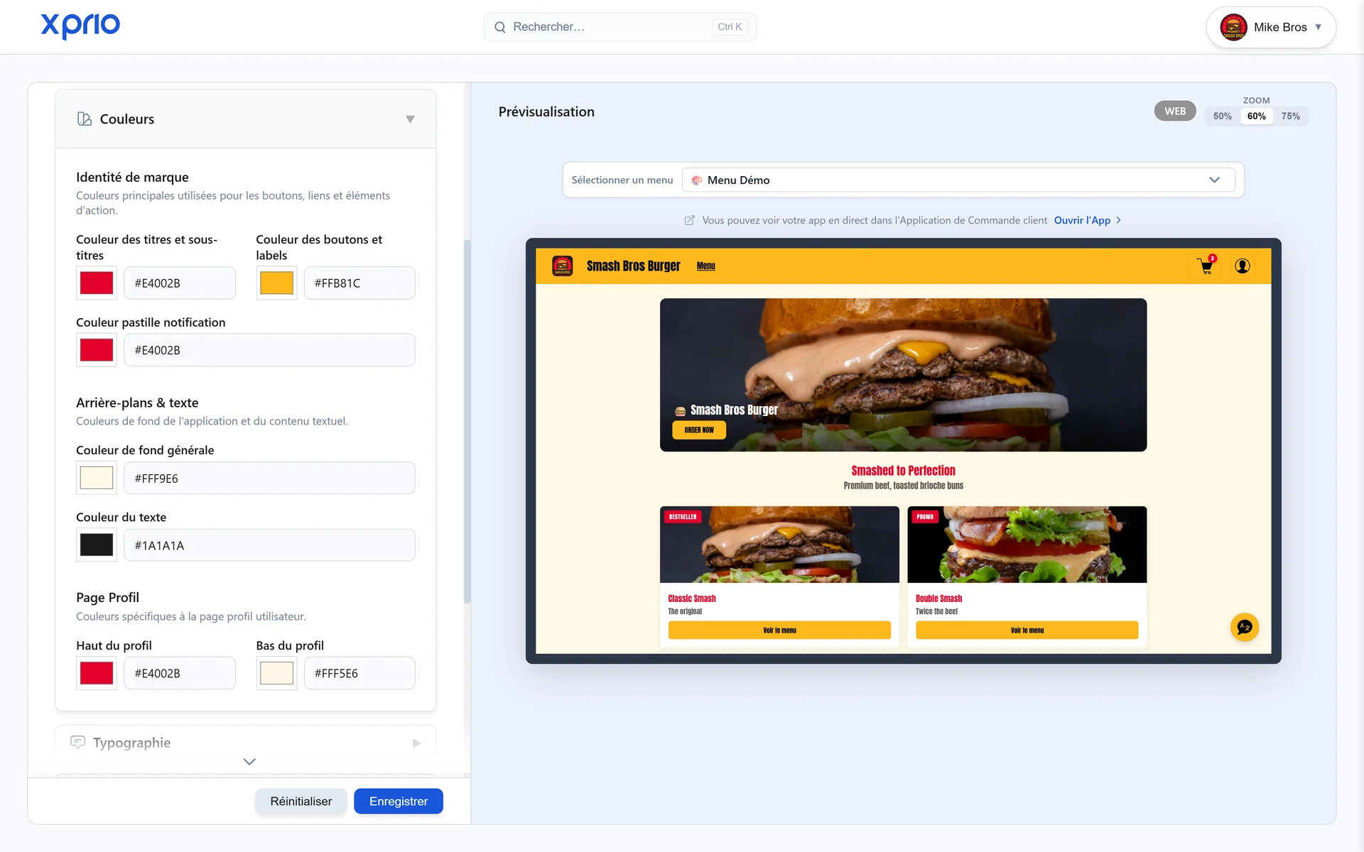 Personnalisation thème app restaurant, couleurs et style sur mesure XPRIO