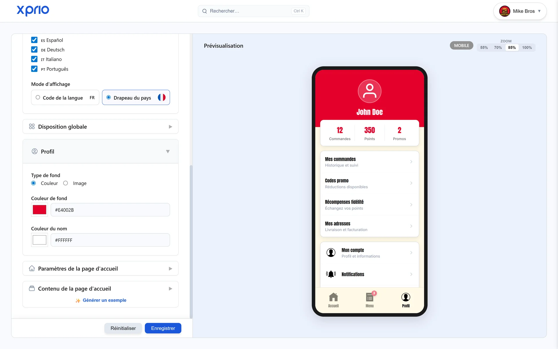 Aperçu live app mobile restaurant, éditeur visuel temps réel XPRIO