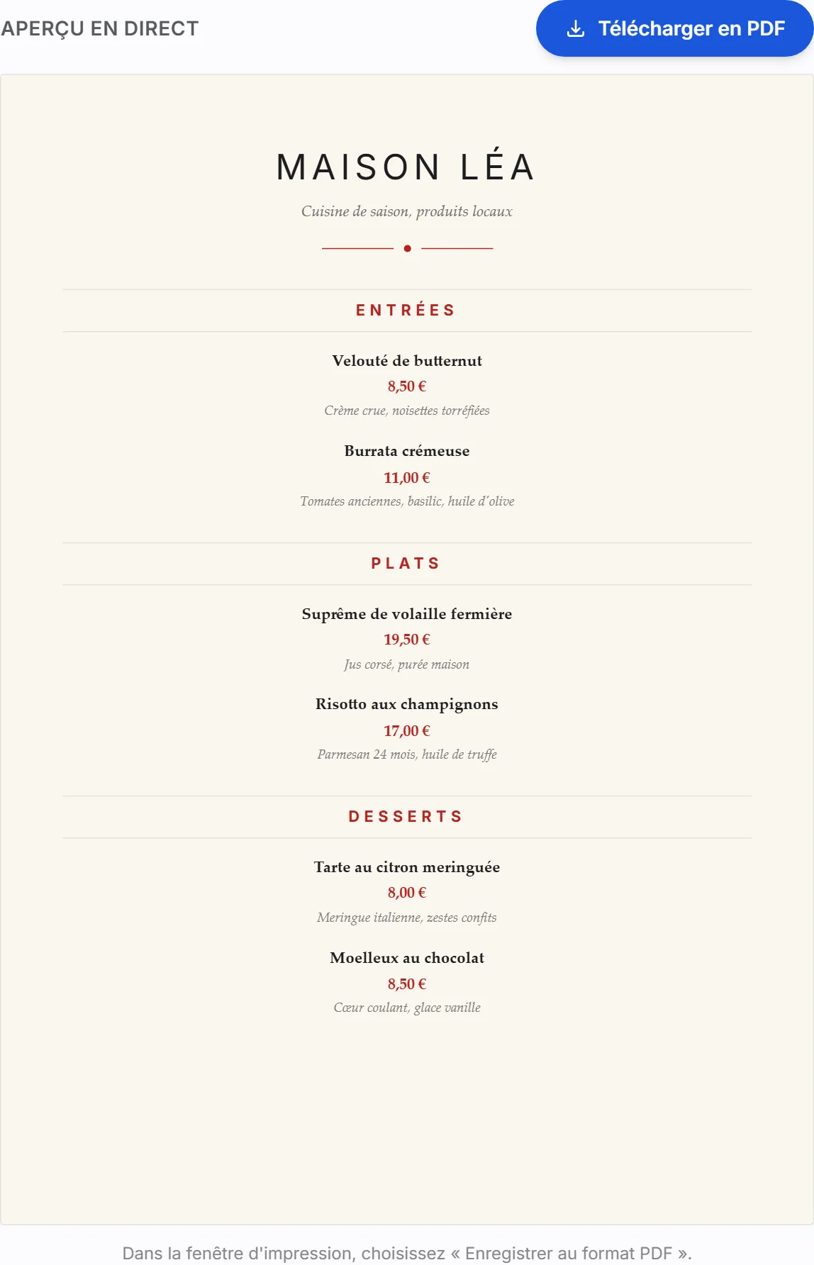 L'aperçu du créateur de menu XPRIO avec le thème Élégant sur fond crème
