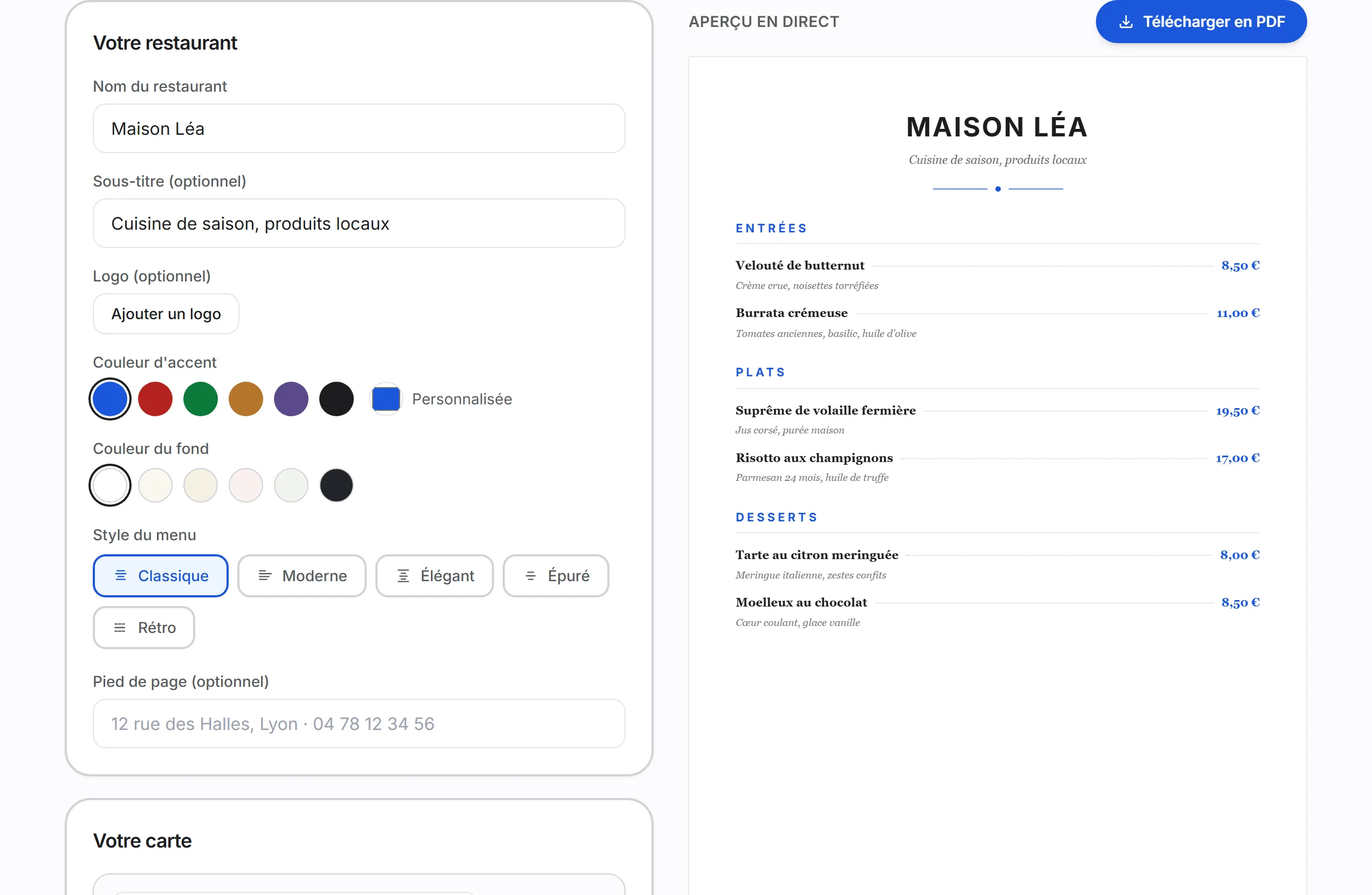 Le créateur de menu gratuit XPRIO : formulaire et aperçu A4 en direct