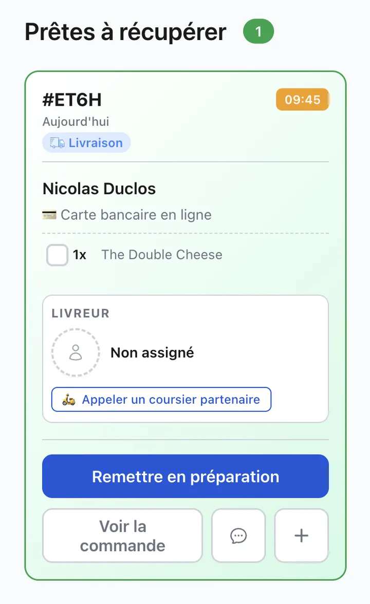 Écran des commandes XPRIO : bouton « Appeler un coursier partenaire » sur une commande sans livreur