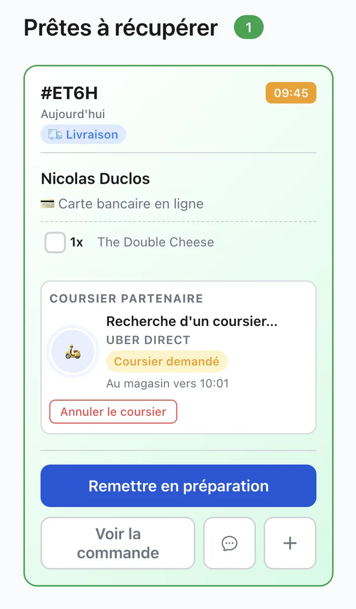 Écran des commandes XPRIO : coursier Uber Direct demandé, heure d'arrivée affichée