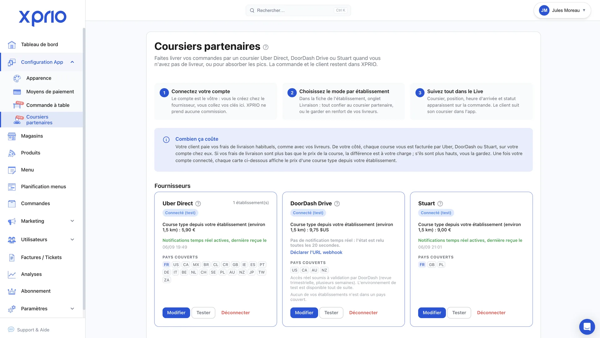 Réglages XPRIO : coursiers partenaires Uber Direct, DoorDash Drive et Stuart connectés