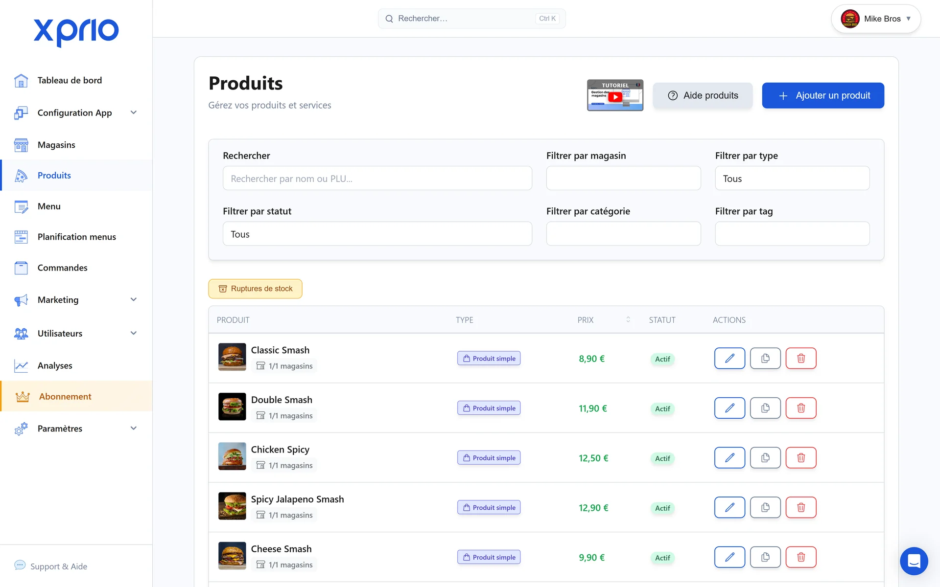 Gestion des produits et stocks restaurant : interface administration XPRIO