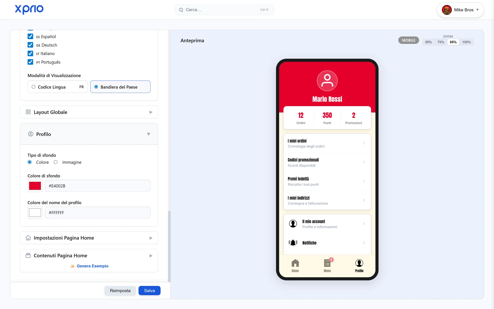 Anteprima live app mobile ristorante, editor visivo in tempo reale XPRIO