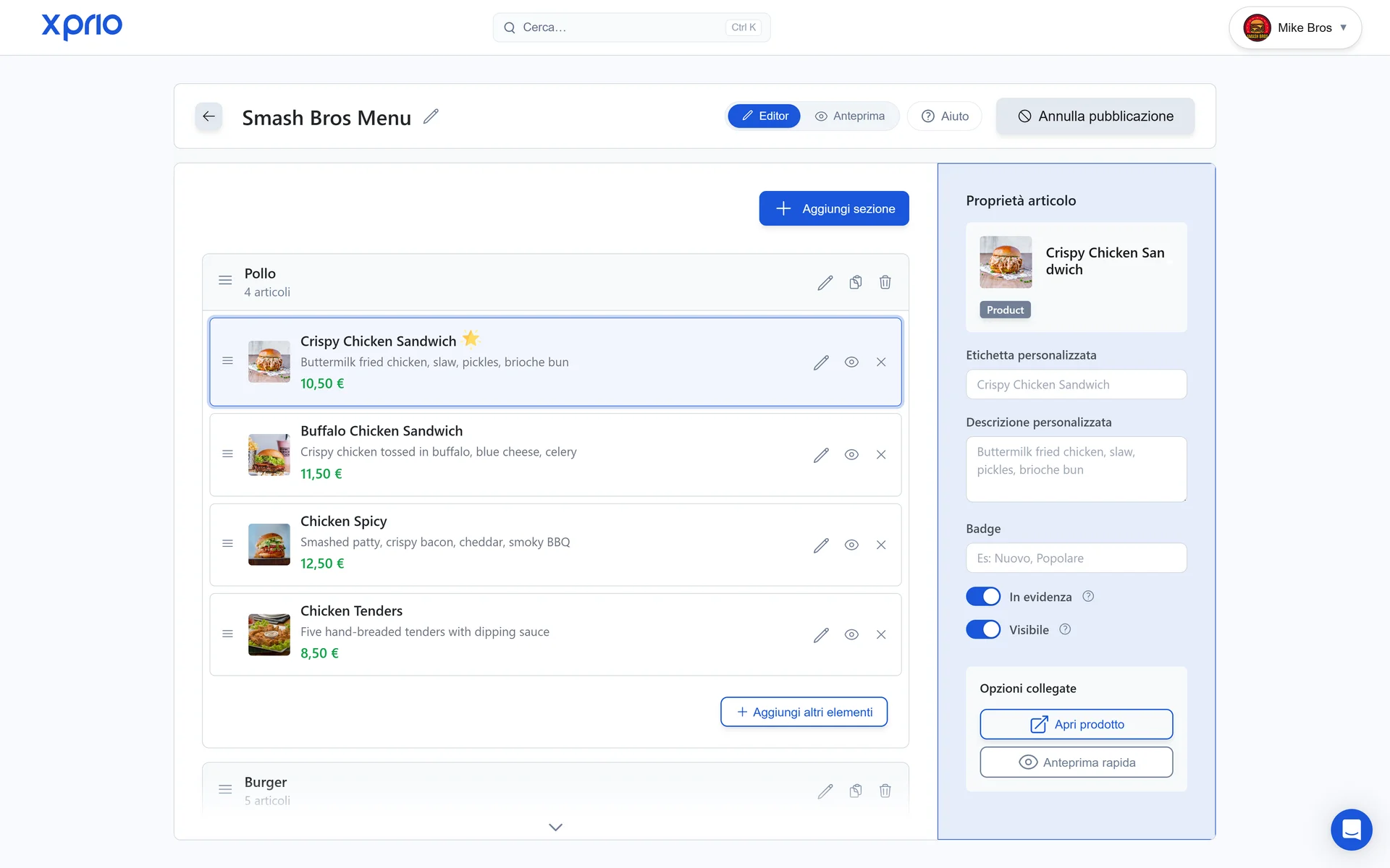 Editor di menu digitale per ristorante: gestione sezioni e prodotti in tempo reale con XPRIO