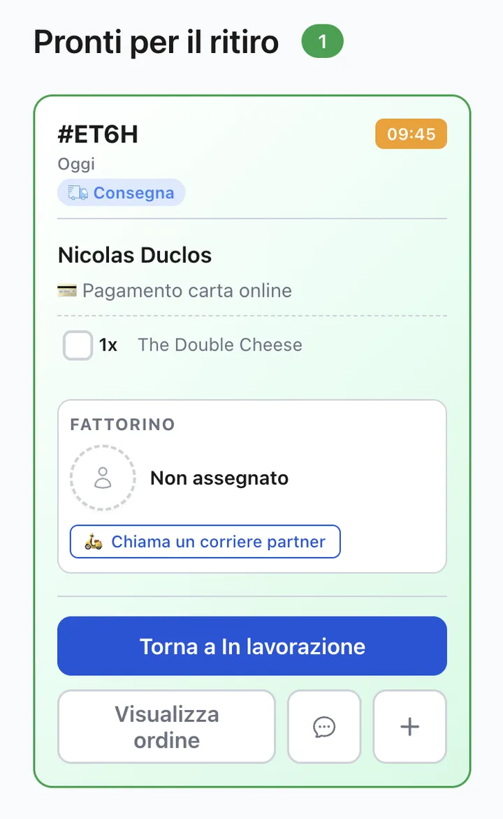 Schermata ordini XPRIO: pulsante «Chiama un corriere partner» su un ordine senza fattorino