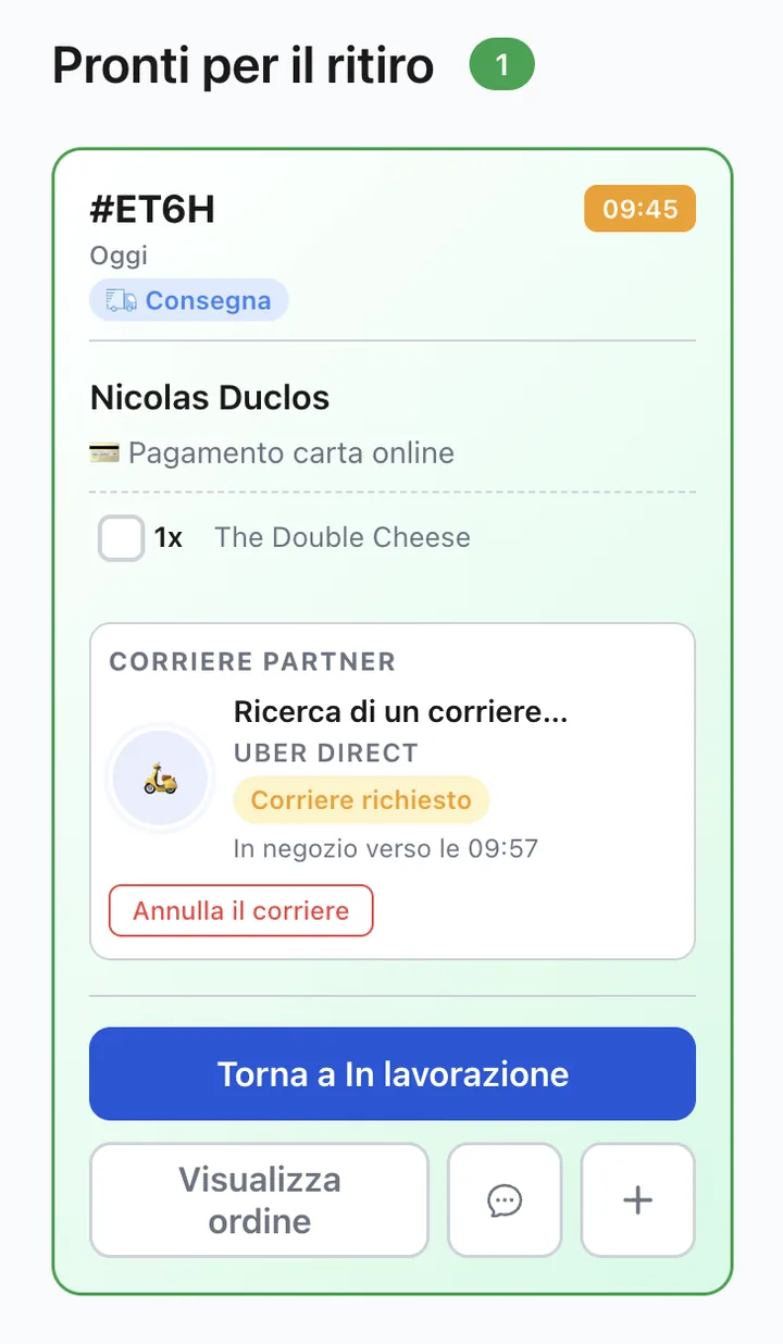 Schermata ordini XPRIO: corriere Uber Direct richiesto, orario di arrivo visibile