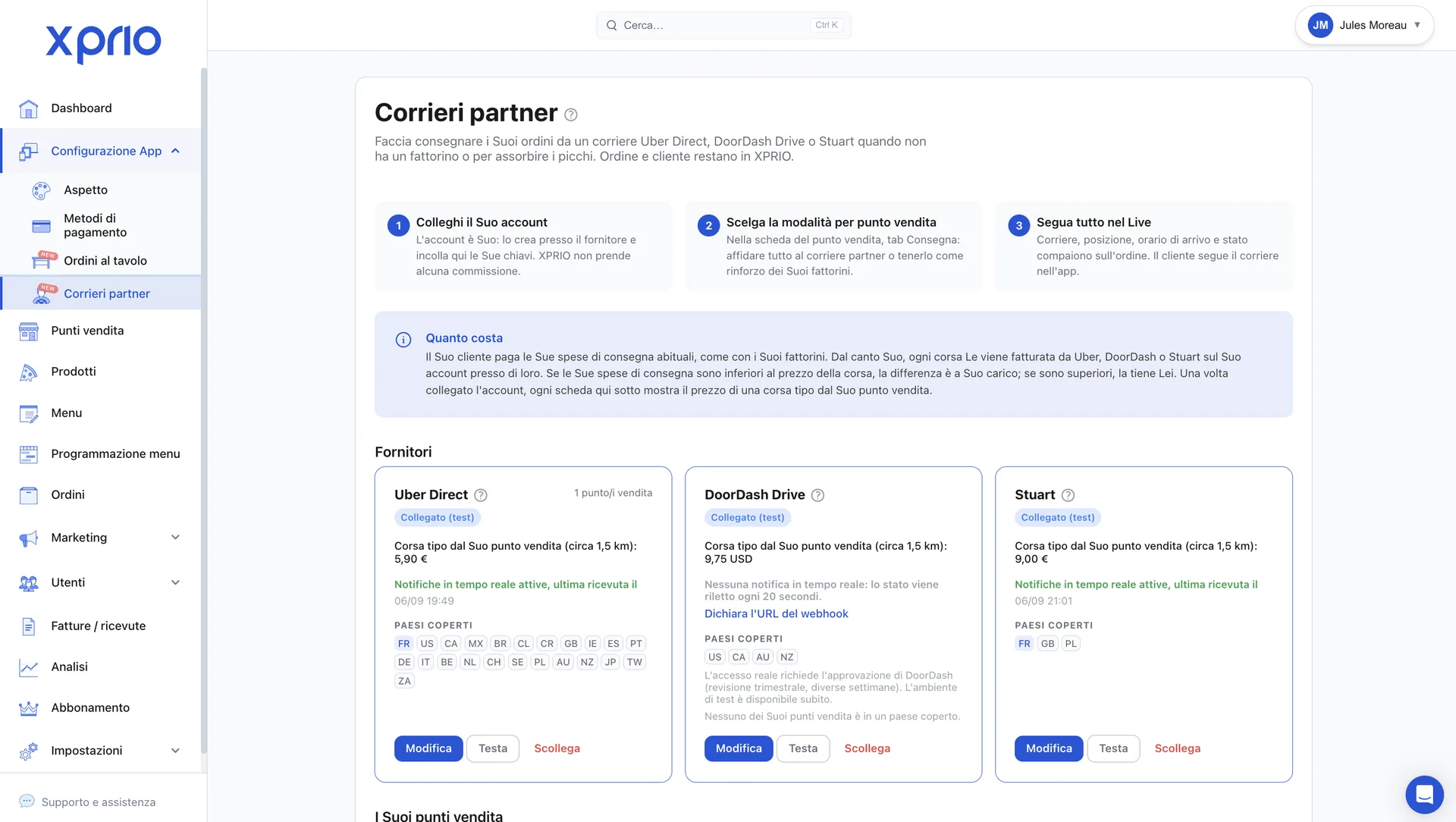 Impostazioni XPRIO: corrieri partner Uber Direct, DoorDash Drive e Stuart collegati