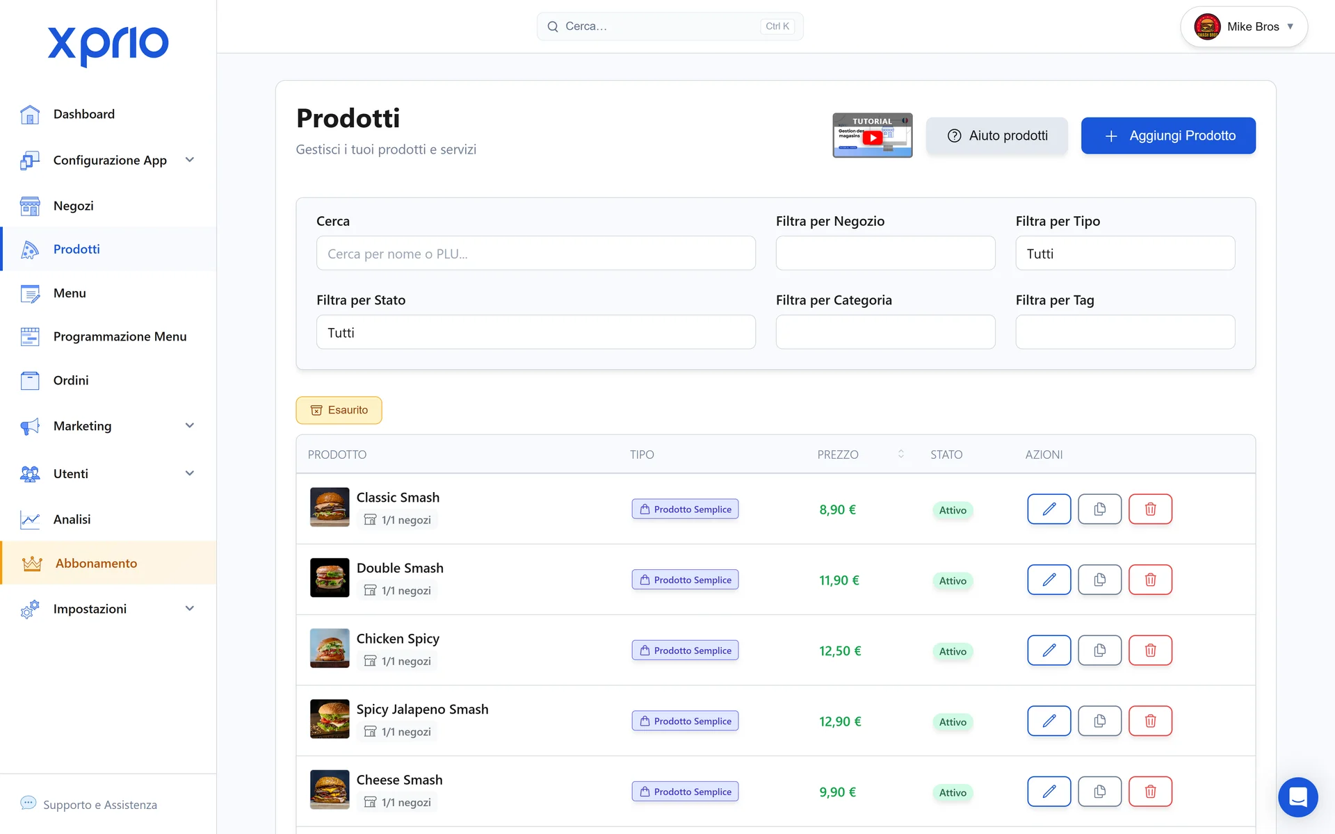 Gestione di prodotti e scorte per ristorante: interfaccia di amministrazione XPRIO