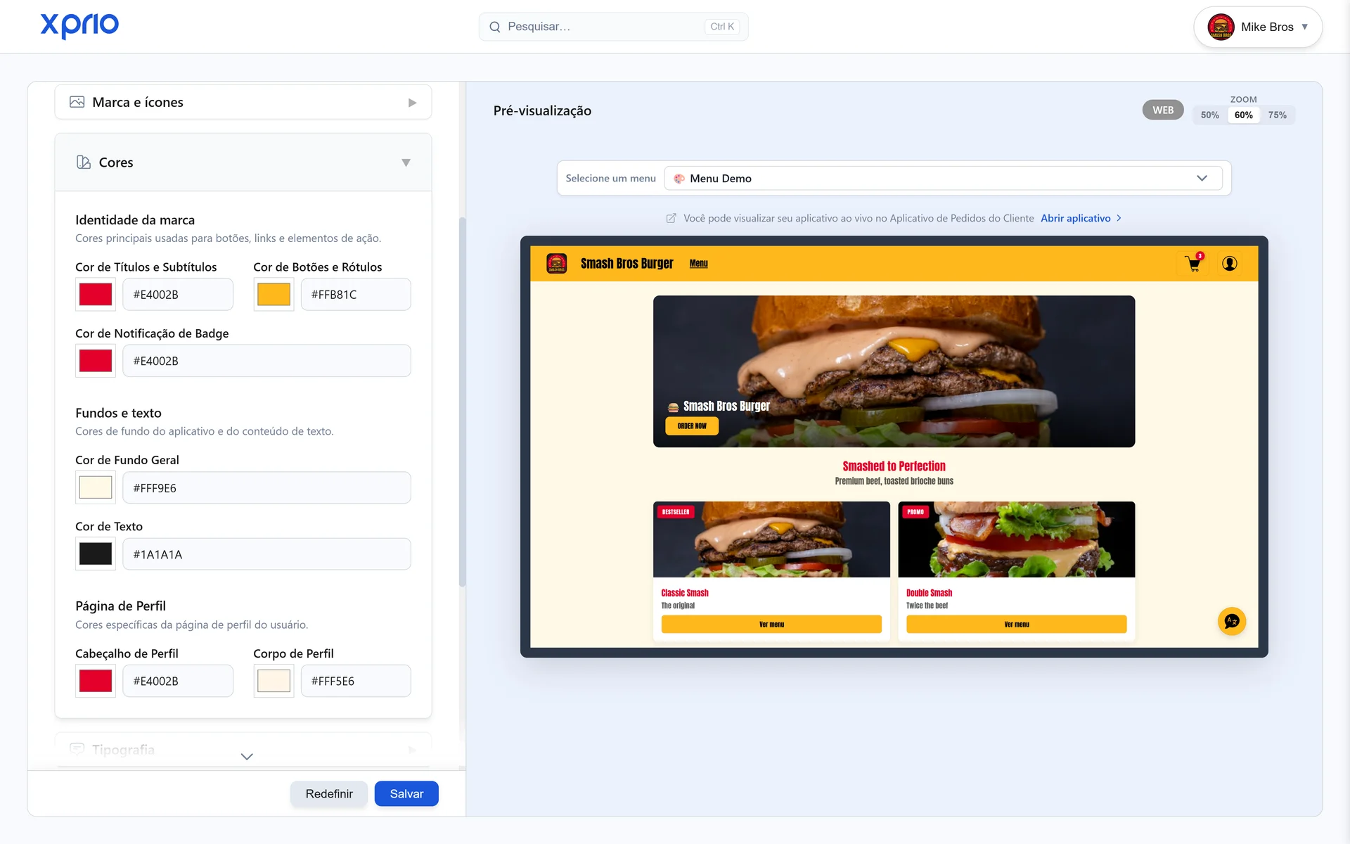 Personalização do tema da app, cores e estilo personalizados XPRIO