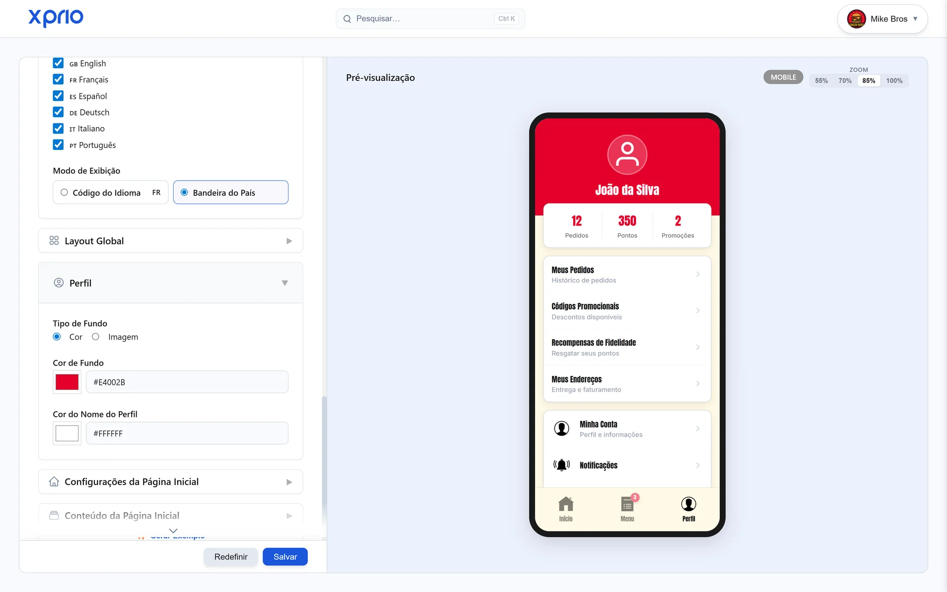 Pré-visualização ao vivo da app móvel, editor visual em tempo real XPRIO