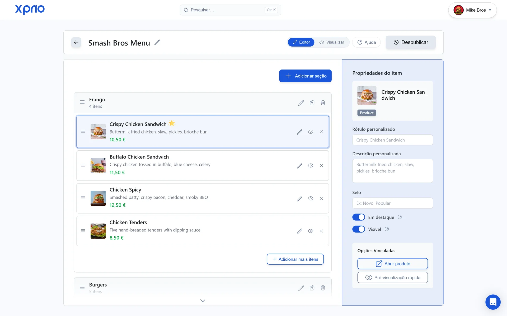 Editor de menu digital para restaurante: gestão de secções e produtos em tempo real com XPRIO